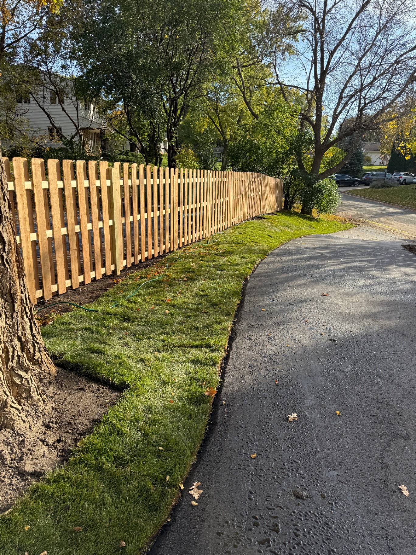 New asphalt driveway with fresh sod and new cedar picket fence along the property line