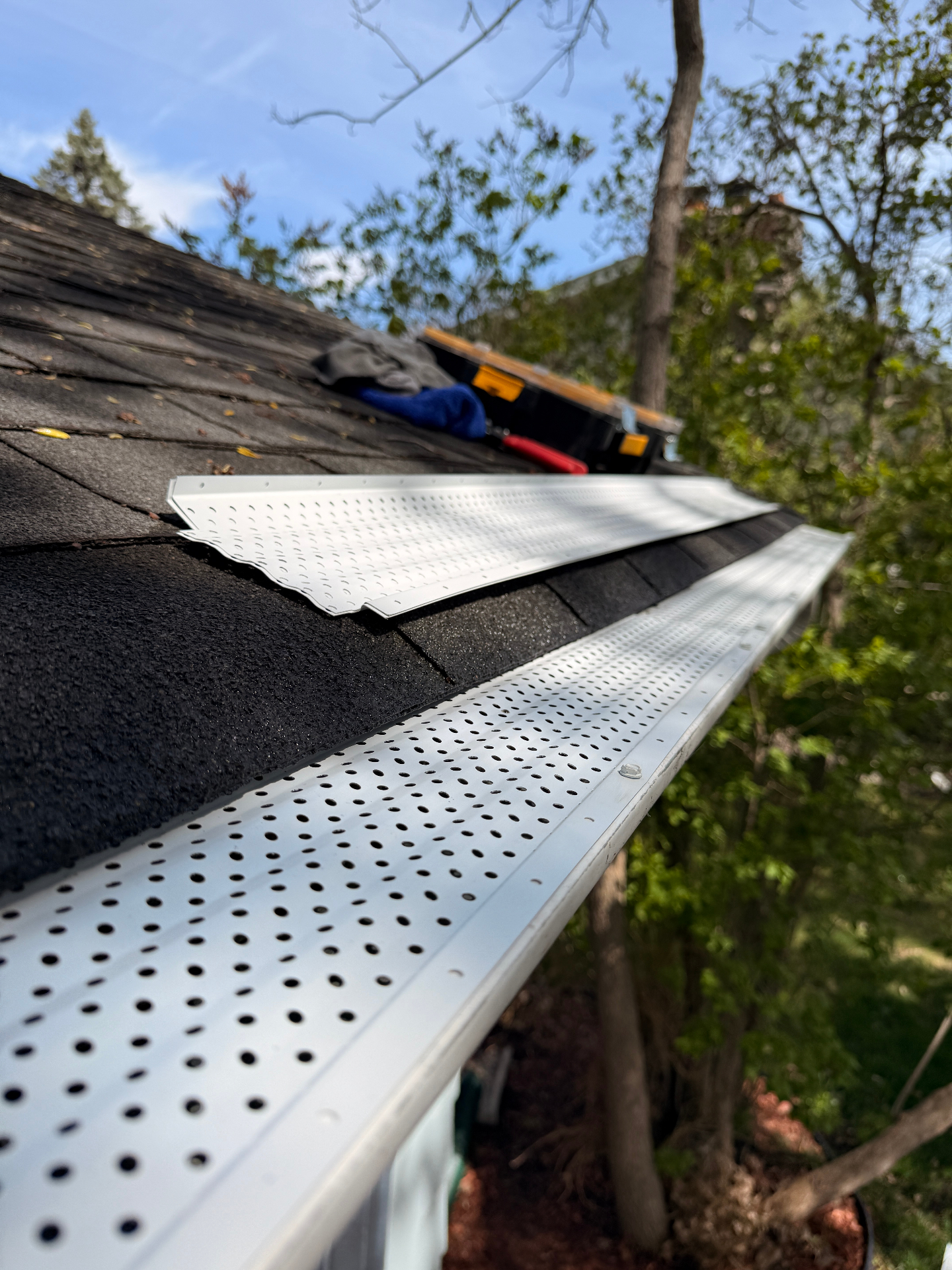 Newly installed Gutter Rx all-aluminum leaf guards on a wooded property