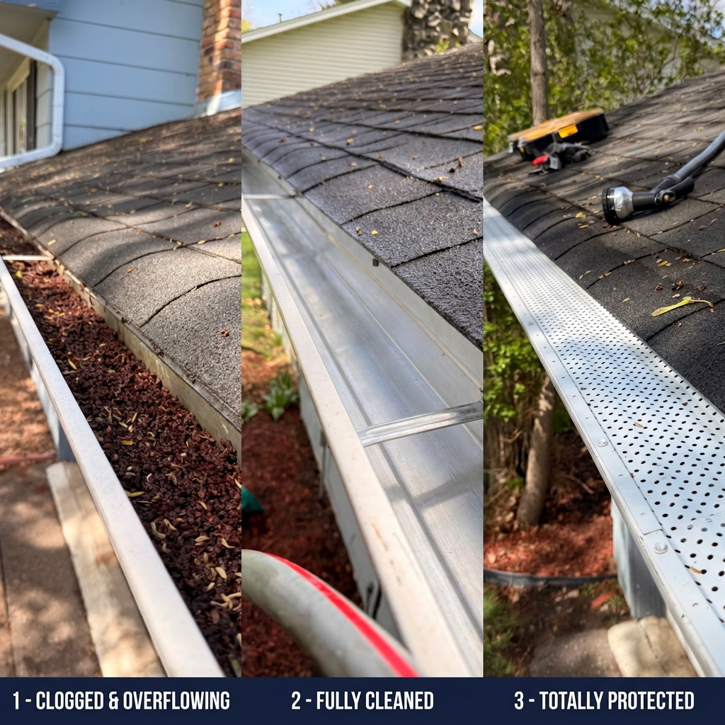 Three-stage gutter transformation: clogged with seed pods, cleaned out, and finished with Gutter Rx leaf guards