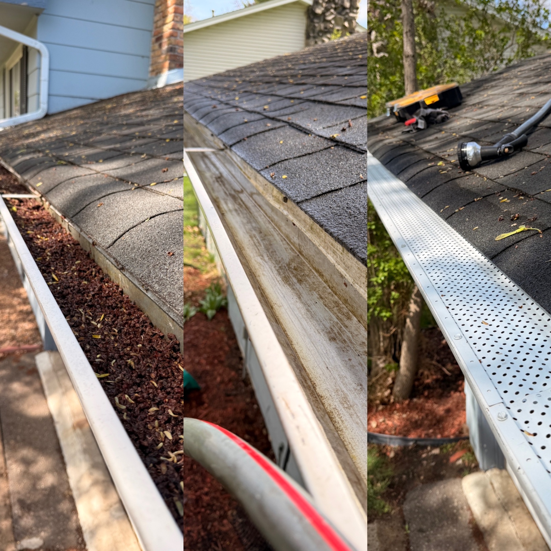 Three-stage gutter transformation: clogged with seed pods, cleaned out, and finished with Gutter Rx leaf guards