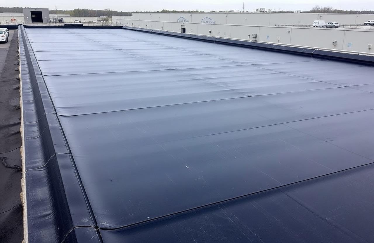 Black EPDM rubber membrane covering a large flat commercial roof.