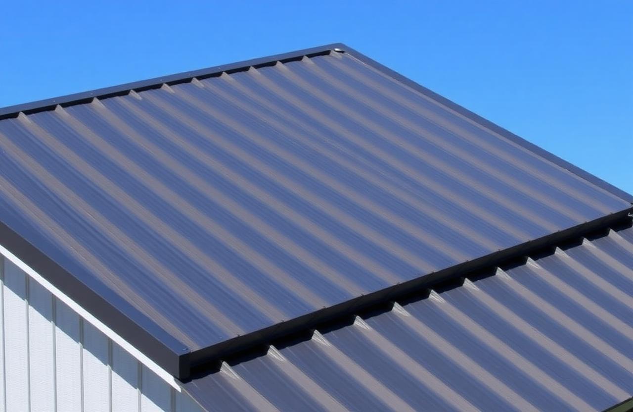 Dark standing seam metal roof with concealed fasteners against a blue sky.