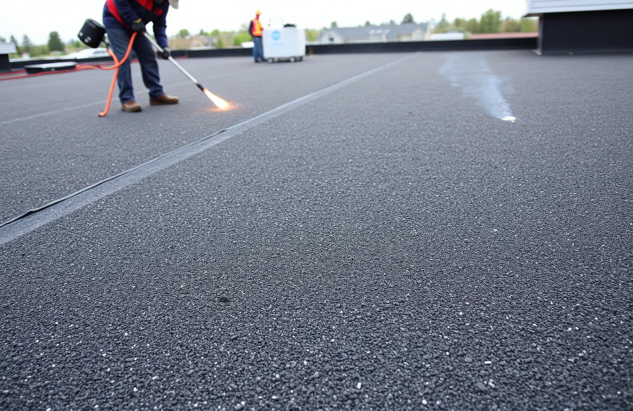 Roofer torch-applying modified bitumen membrane with granulated mineral surface.