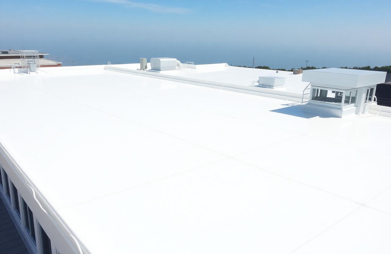 Reflective white PVC single-ply membrane roof on a commercial building.