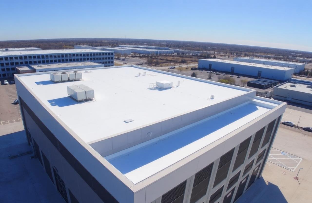 White TPO single-ply membrane roof on a commercial building with rooftop HVAC units.